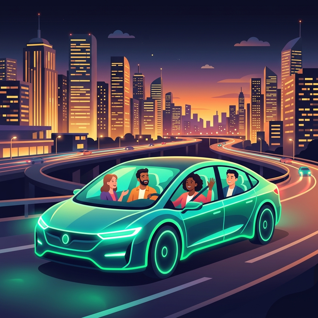Rydara carpooling illustration showing diverse passengers sharing a ride through a modern city